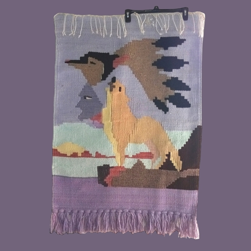 Woven Tapestry Howling Coyote Wall Hanging 38x29